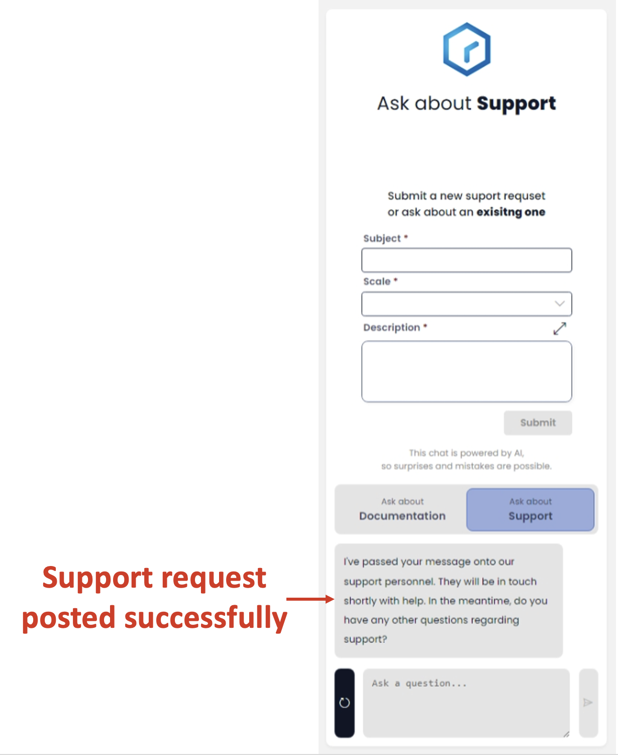 Image showing success message for support ticket creation